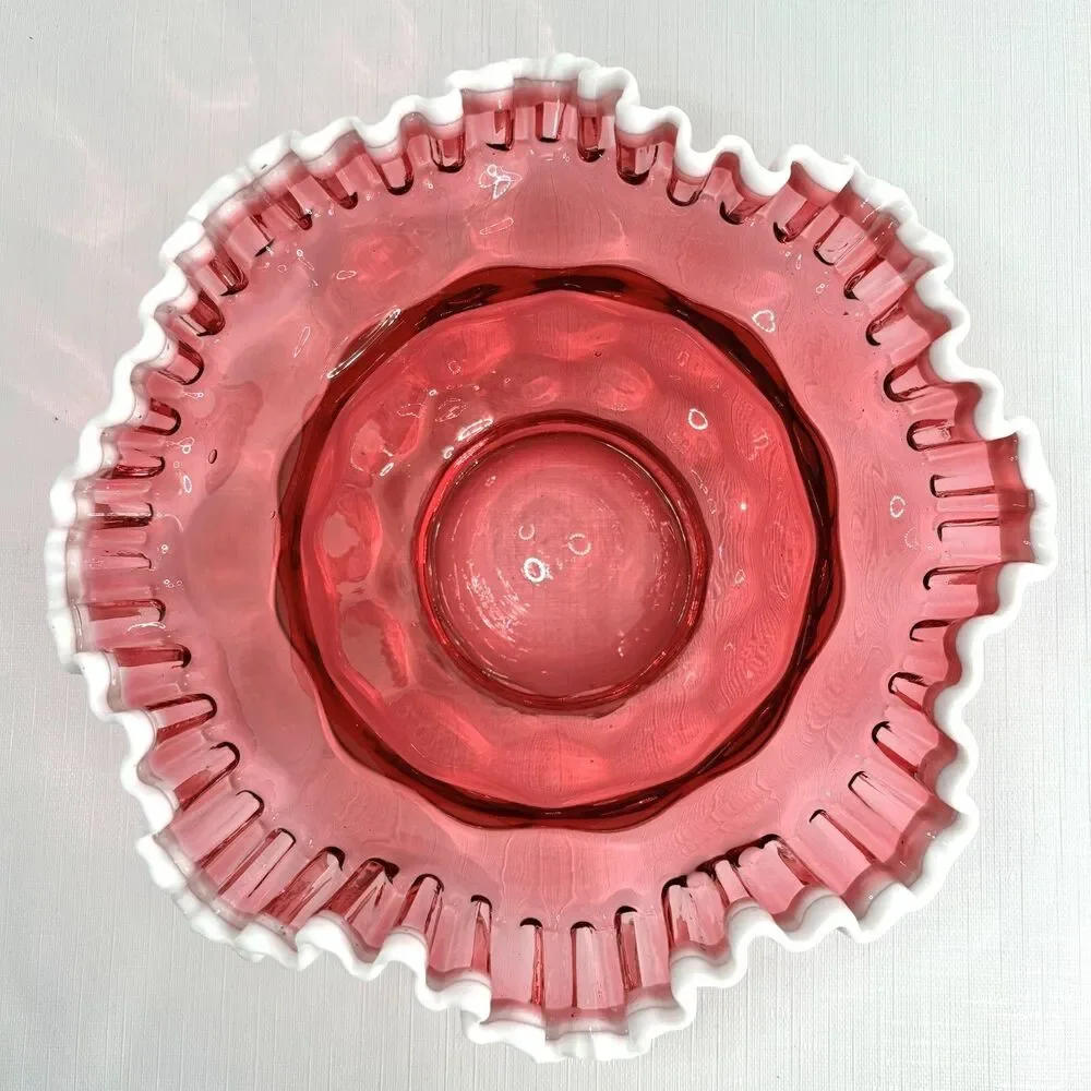 Vintage Ruffled Cranberry Brides Basket Fenton White Crest Metal Holder Victoria